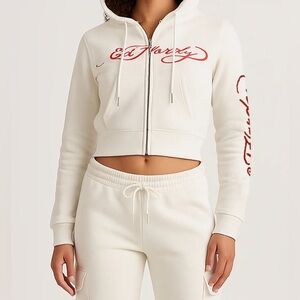 Ed Hardy Women's Cream Hoodie with Red Accents